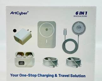ArtCyber Charging & Travel Solution, 6-in-1, includes: power bank, wall charger, charging & lightning cable, wireless charging pad, and Bluetooth wireless earbuds. Item is factory sealed. See photos for details.