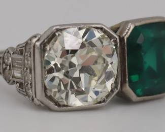 Art Deco Platinum 2 ct Diamond Emerald Ring