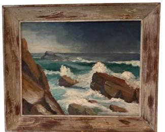Vintage Original Oil Seascape Painting In Driftwood Inspired Frame