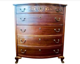 Bowfront Dresser With String & Floral Inlay, Brass Pulls & Escutcheons, Chippendale Feet - Original Label