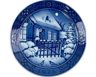 Vintage Georg Jensen Blue Porcelain Christmas Plate 1975 Snow Covered House Bird