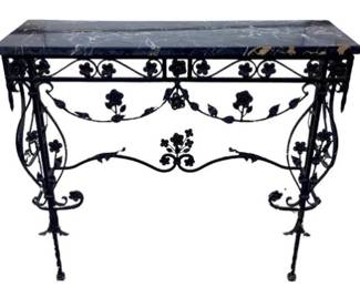 Vintage Wrought Iron Pier Table With Dogwood & Foliate Design - Elegant Marble Top