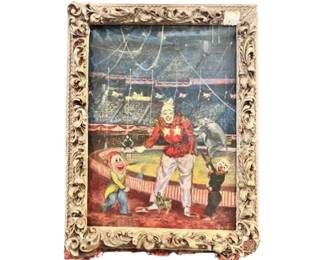 Original Oil Painting Signed "D. Damon" Featuring Circus Round-Top - Clowns, Elephant, Dancer, Puppy, & More!