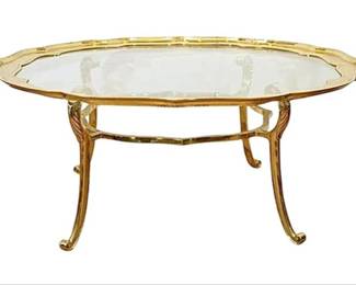 Hollywood Regency Brass & Glass Chippendale Style Tray Top Coffee Table On Scroll Legs