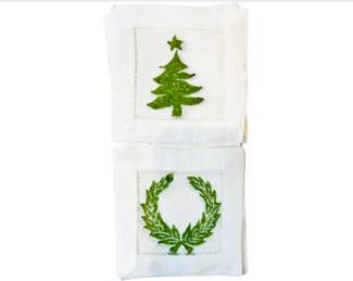 Linen Hemstitched Christmas Cocktail Napkins - Set Of Eight With Two Separate Motifs