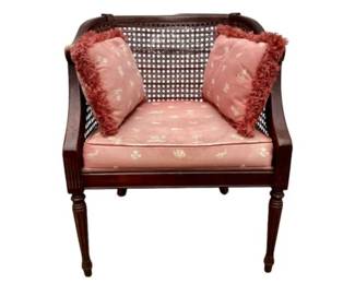 Vintage Cane Back Barrel Chair, Sheraton Style Legs, Upholstered Seat - Caning In Great Condition - Nice Piece