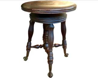 Antique Piano Stool - Adjustable Seat, Claw & Ball Glass Feet, Spool Turned Center Column, & Reeded Legs