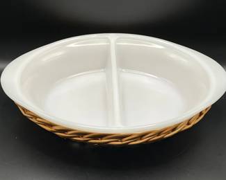 Glassbake Divided Milk Glass Dish with Wicker Trivet Base
