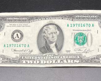 1976 Two Dollar Bill Serial Number A19701670A
