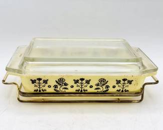Pyrex Black Needlepoint Embroidery Space Saver Dish With Lid And Holder
