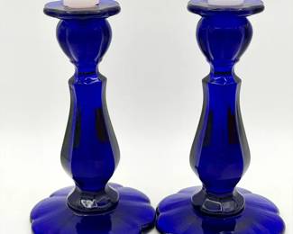 (2) Cobalt Glass Candlestick Holders
