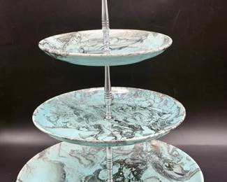 MCM “Mist" collection by Santa Anita Ware Atomic Marbled Turquoise 3-Tier Serving Platter Centerpiec
