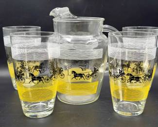 Anchor Hocking Cityscape or Horse and Carriage Pitcher & (4) Cups
