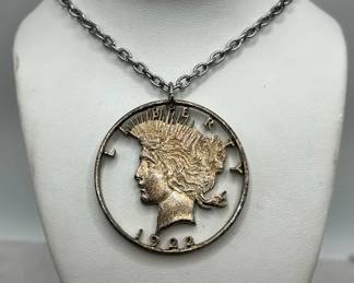 1922 Silver Liberty Peace Dollar Coin Hand Cut Pendant Necklace Jewelry
