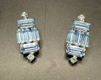 Weiss Costume Jewelry Earrings — Blue Emerald-Cut Rhinestones

