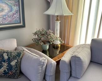 Art glass, tall table lamp And carved stone plant in pot, Jade and pink stone carvings