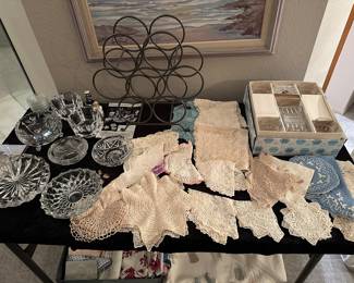 Crystal dishes and trays, wine rack, doilies, decanter and highball glasses gift set new in box