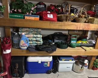 Baskets, patio chair cushions, rolling cooler, blower, Christmas tree bases, emergency supplies