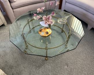 Octagon glass, top coffee, table with brass swan Detail base, matches, square end table
