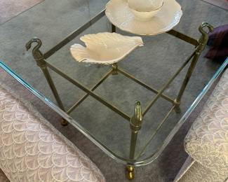 Square glass top end table swans, detail, matches, octagon, coffee table