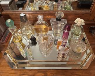 Plateau mirror for dressing table or dresser and various perfumes in lovely bottles
