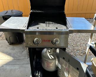 Nexgrill BBQ shown completely opened up with side trays propane tank below and brand new vegetable grill inserts
