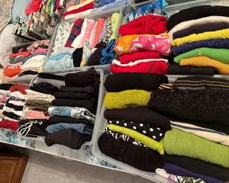 Ladies, small and medium sizes, sweaters some beaded and nightgowns and pajamas and Capri pants and pants and tops and more tops