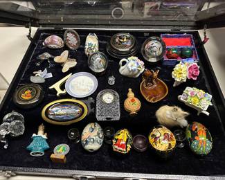 Hand painted eggs on stands, reverse glass painted balls, lacquerware box, waterford clock, Lladro sailing ship pkate and stand, crystal elephant royale stratford swan, flower cart, royal adderly  flower cart, agate butterfly, 24 karat decorated greek powder jar, etc.