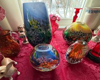 Shawn Messenger glass pieces. Centerpiece; Shawn Messenger Fine Art Glass Landscape Series Large Blue Vase