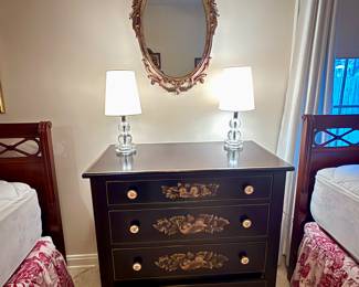 Hitchcock Furniture 4 Drawer Chest In Black With Gold Stencil Drawer Fronts And American Eagle Ceramic Pulls.
