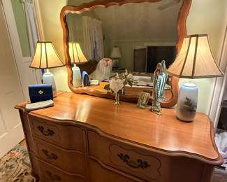 A vintage 1950/60s Sherrill Furniture Bedroom Set; bed, chest and mirror and large cabinet.