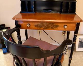 L. Hitchcock decorated single drawer writing table with matching chair.