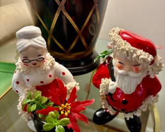 Mid Century Christmas Spaghetti Trim Mrs. Claus and Santa Planter 1950's Napco!