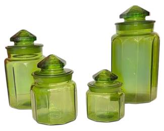 L.E. Smith Green Glass Paneled Canisters 