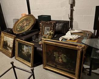 Misc Oil paintings, 2 brown leather club chairs 