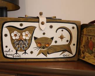 Vintage Enid Collins 1965 Owl and Pussy Cat wooden purse