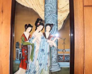Vintage Asian Reverse Painting on Glass: Geisha Women
