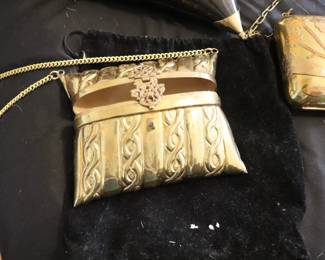 Vintage Metal Copper & Brass Pillow Purse w/ Velvet Lining 