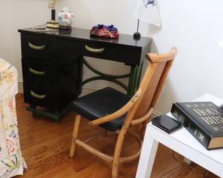 mid-century modern black lacquer and green bamboo writing desk. 