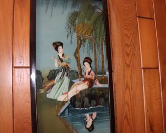 Vintage Asian Reverse Painting on Glass: Geisha Women