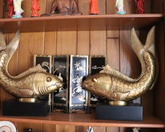  Chapman Brass  Koi Fish Sculptures or Bookends  sculptures on lacquer base