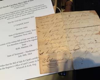 1823 North Carolina Slave Bill of Sale
Title: 1823 North Carolina Slave Bill of Sale
Location: State of North Carolina, Iredell County
Summary of Document Contents:
This historical legal document records the sale of an enslaved girl named Maria, described as about eight years old, “sound and healthy.” The seller, J. Campbell, Junior, acknowledges receiving four hundred dollars from Henry Bagwell and warrants full rights and title to the enslaved child.
Date of Transaction:
January 22, 1823
Seller:
J. Campbell, Junior
Buyer:
Henry Bagwell