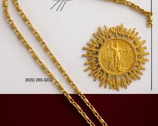 14K Gold Mexican Libertad Sunburst Pendant & Chain
Striking vintage 14K gold pendant featuring a Mexican Libertad coin set in an ornate sunburst frame. Paired with a bold, heavy 14K gold designer chain. Exceptional craftsmanship, solid gold weight, and a true statement piece. Estate fresh — ready to wear or gift.