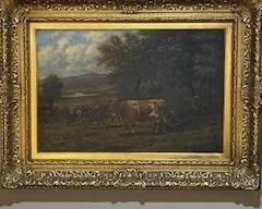 Serene oil on canvas w/ ornate gold gild frame (cattle grazing subject) Absolutely beautiful in perosn - Taking bids on this item to be considered by seller.