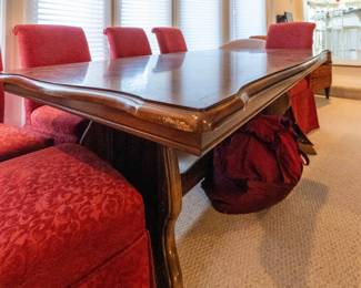 Wood dining table with 2 expansion leaves. 2 Sets of chairs to choose from.