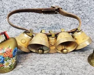 Tole Painted Cow Bell, Sleigh Bells, Viking Ship Dinner Bell