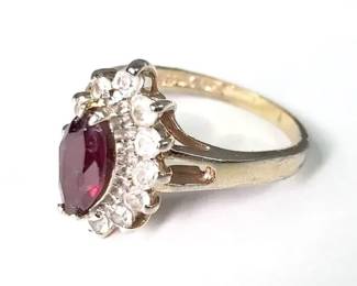 14K Gold Ring with Red and Clear Stones