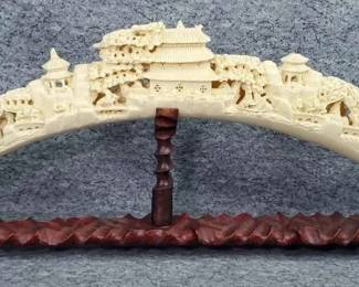 Asian Carved Resin Tusk Bridge Sculpture on Stand