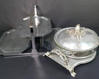 Hammered Aluminum Lid and Tray, Pyrex Bowl, Foldup Appetizer Server