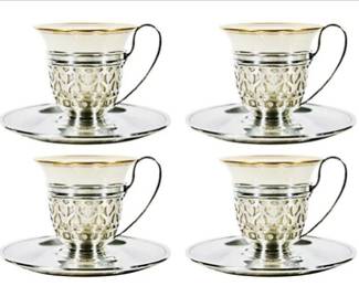 Four Sterling Silver Demitasse Cups - Sterling Cup Sleeves, Matching Saucers & Lenox Porcelain Espresso Liners